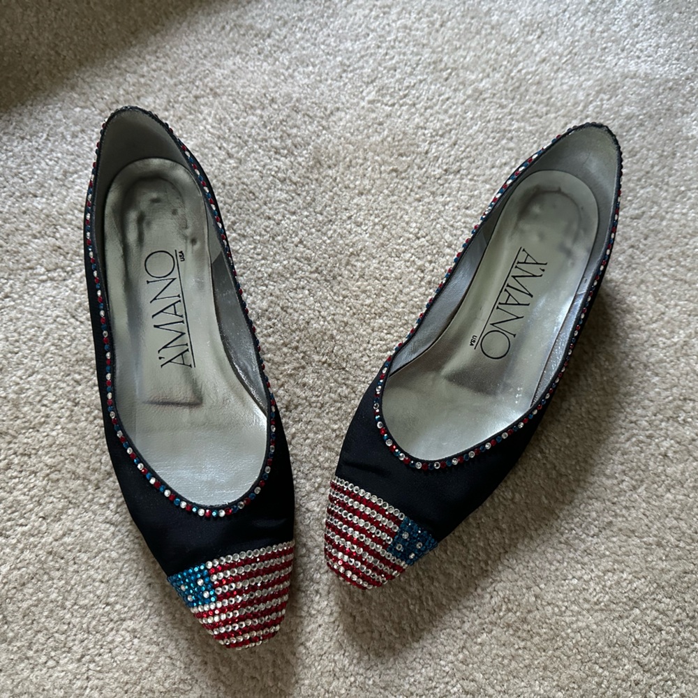 Black and Red Pointed Toe Flats with American Flag Design